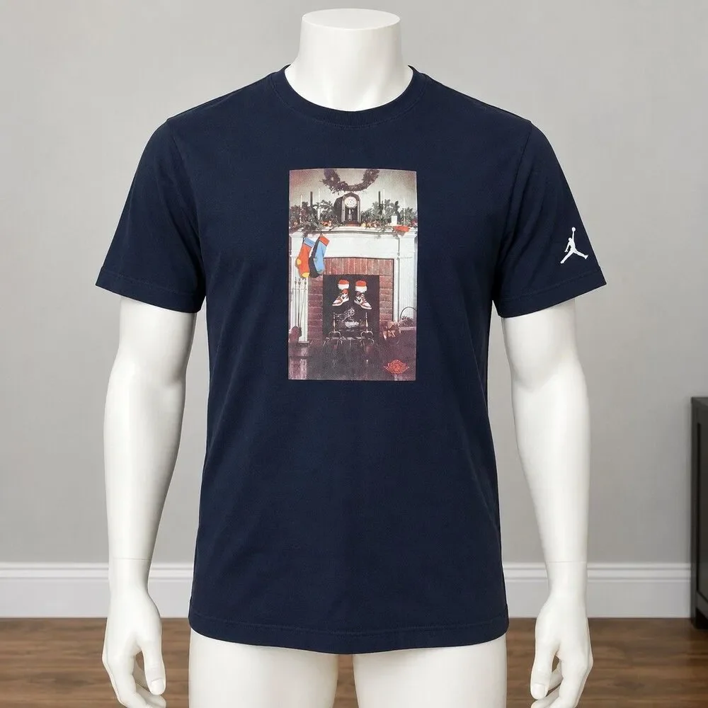 Jordan AJ1 Christmas Fireplace Graphic T Shirt Men S Black Holiday Streetwear